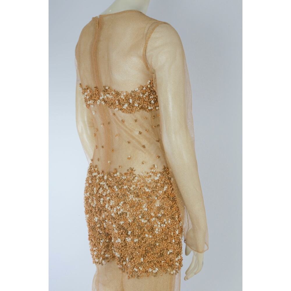VTG One of a Kind Couture Jumpsuit Sheer Metallic Gold Beaded Wide Leg Designer - Picture 4 of 16